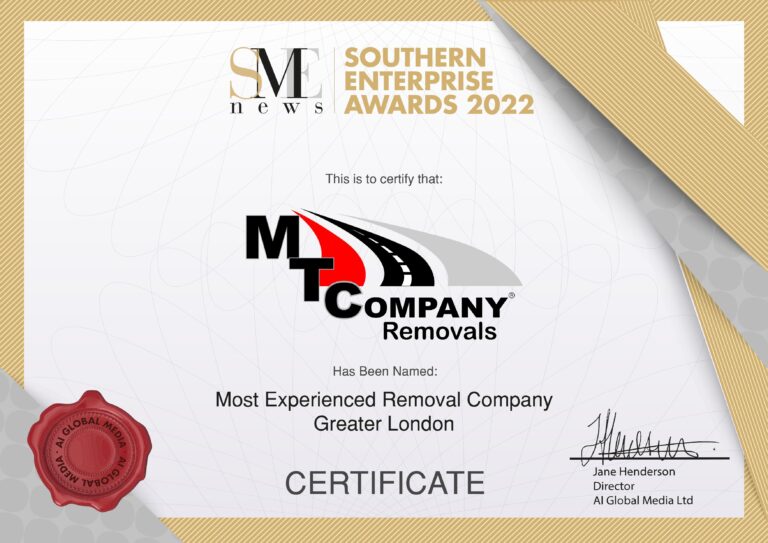 certificate of the best removal company uk for MTC Removals